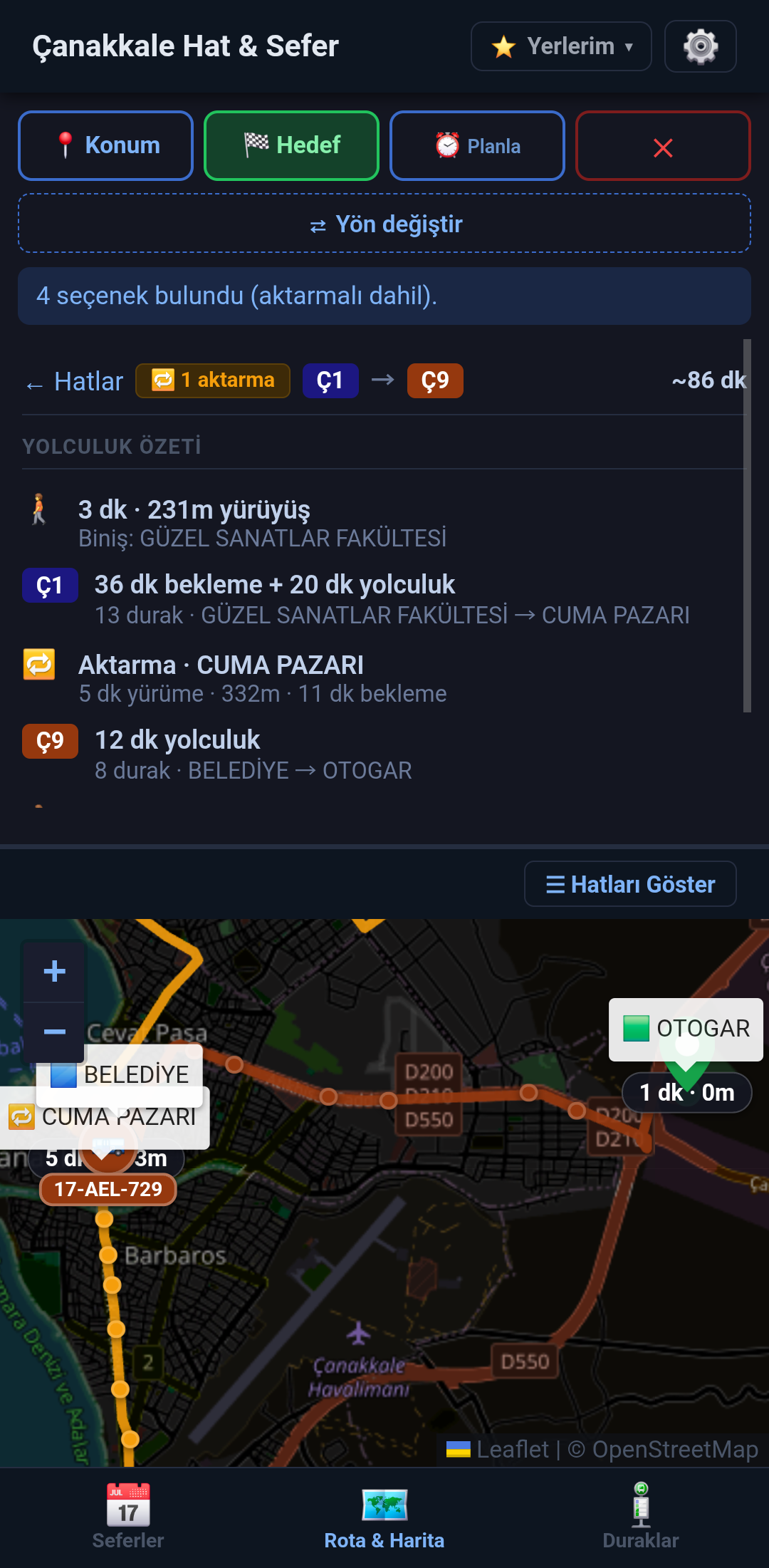 One transfer trip map view
