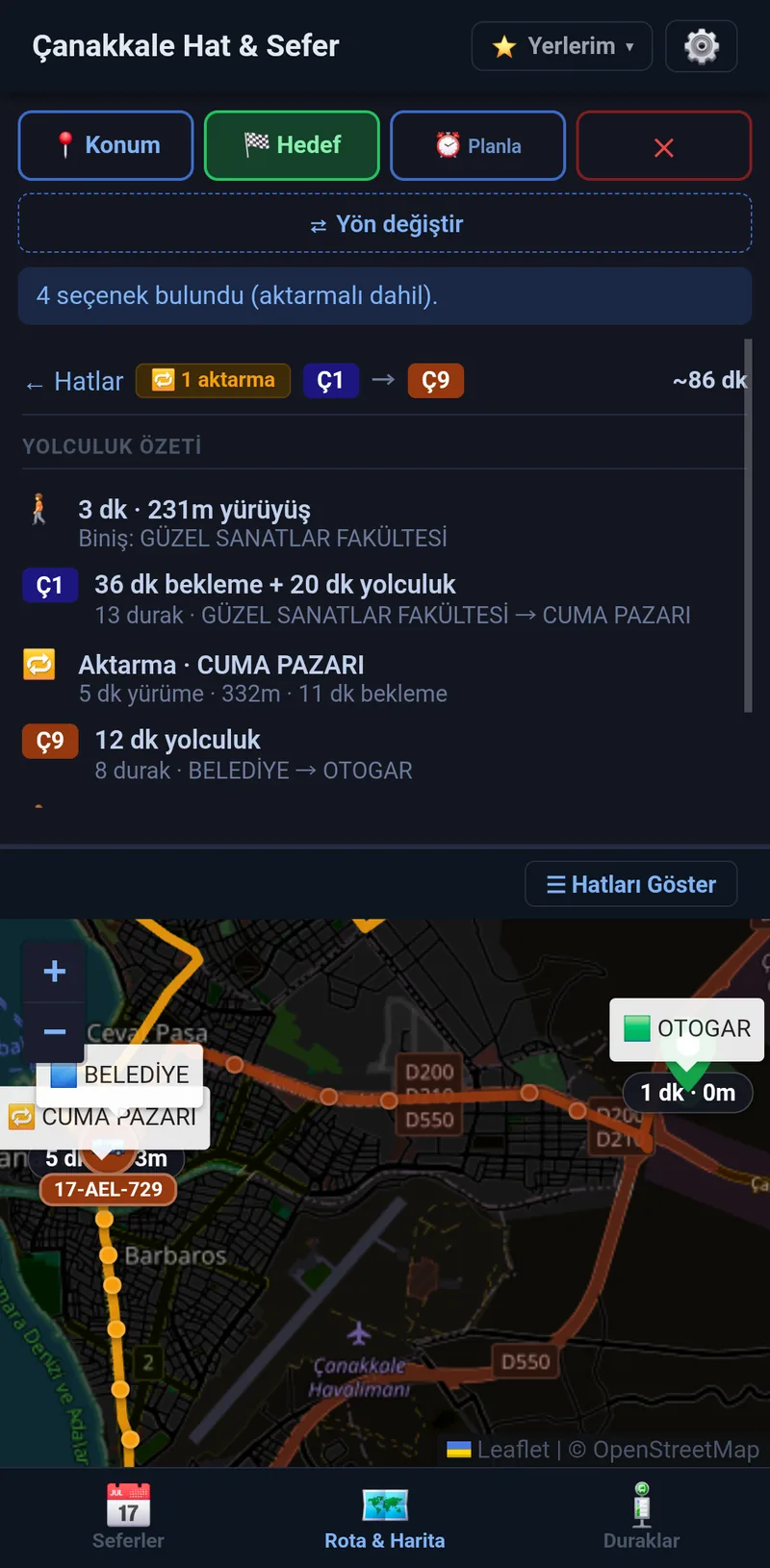 One transfer trip map view