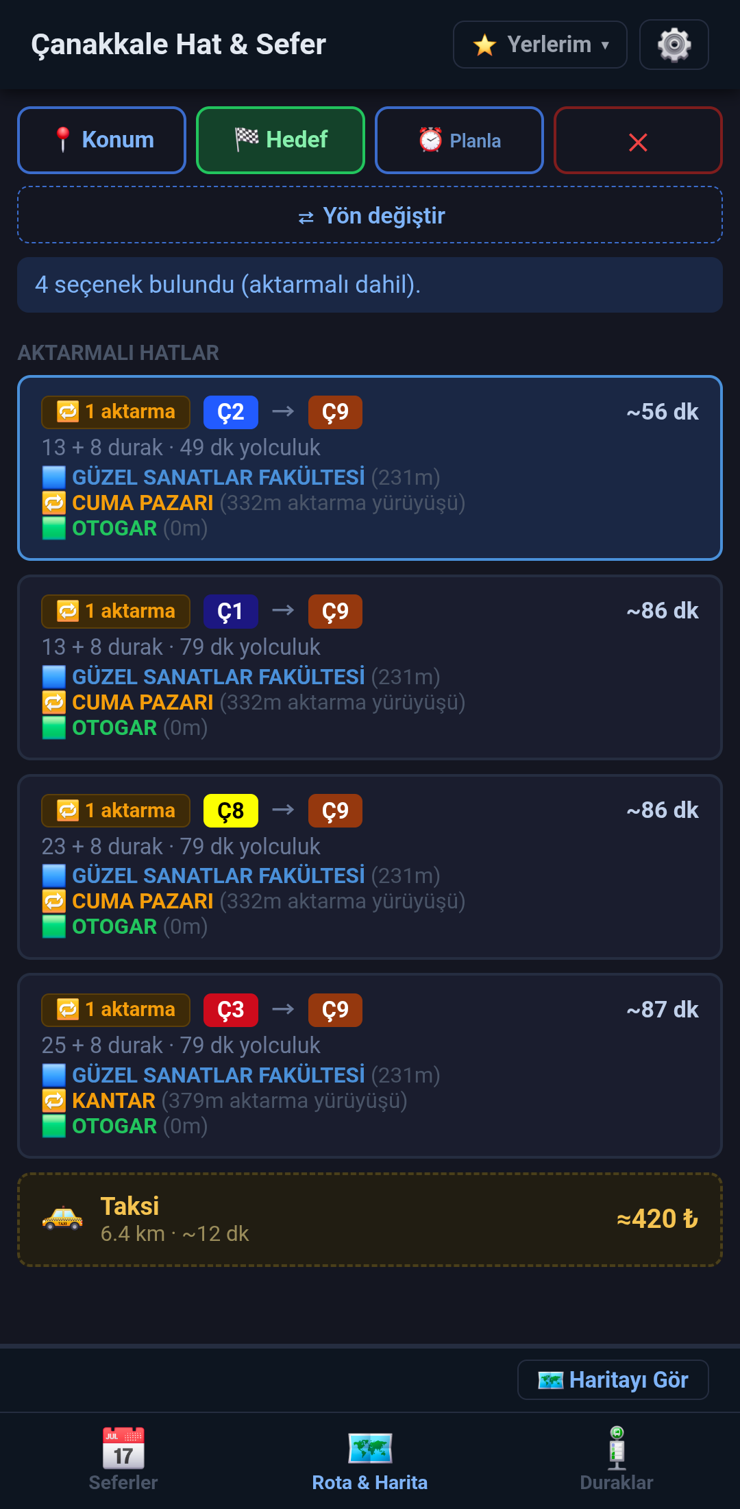 Trip planner showing route options sorted by ETA